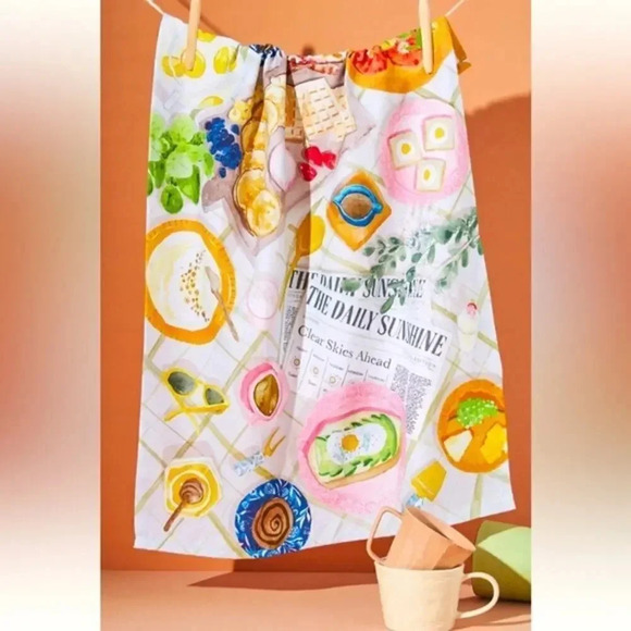 Anthropologie Tea Dish towel brunch avocado toast newspaper breakfast table - Picture 1 of 4